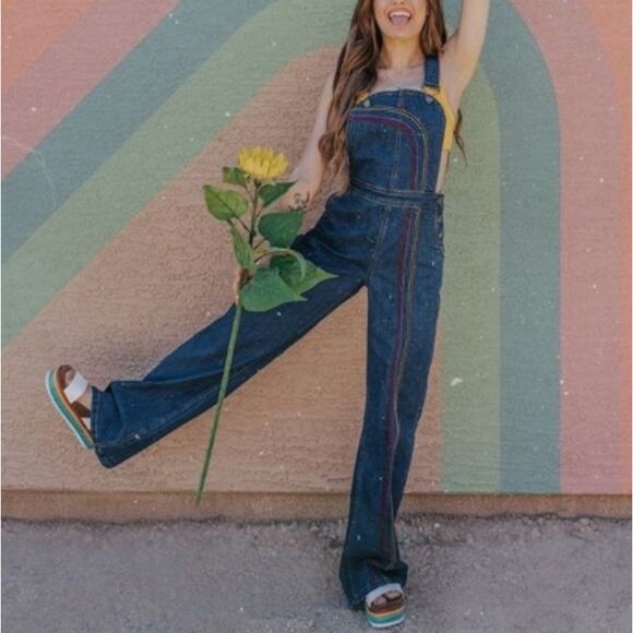 Sz 8 NWOT ModCloth Rainbow Denim Overalls Wide-Leg Embroidered Bib Retro Kidcore - Picture 1 of 10